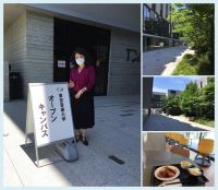 好天に恵まれた今日は、東京音大中目黒・代官山キャンパスで「初夏のオープンキャンパス」でした。私は声楽主任の服部先生とともに、特大教室で「オペラのリハーサルを覗いてみよう」というセッションを担当させて頂きました。最初はオペラ「愛の妙薬」から《ラララの二重唱》。演奏は四年生の老川鈴唄さんと矢澤遼さん。続いてはミュージカル「ウィキッド」より《大っ嫌い！〜けんかの二重唱》。演奏は四年生の進士桃子さんと三年生の水江萌々子さん。オペラ、ミュージカルとも指揮は杉野正隆先生、演出は久恒秀典先生、ピアノは前田美恵子先生にお願いしました。受験生の皆さん、今回もとても熱心に聴いてくださいました。短い時間ではありましたが、少しでもオペラ、ミュージカル実習の雰囲気を味わって頂けたのであればうれしいです。リハーサルの写真は載せられないので、代わりに樹々の緑が鮮やかになってきたキャンパスの写真を。